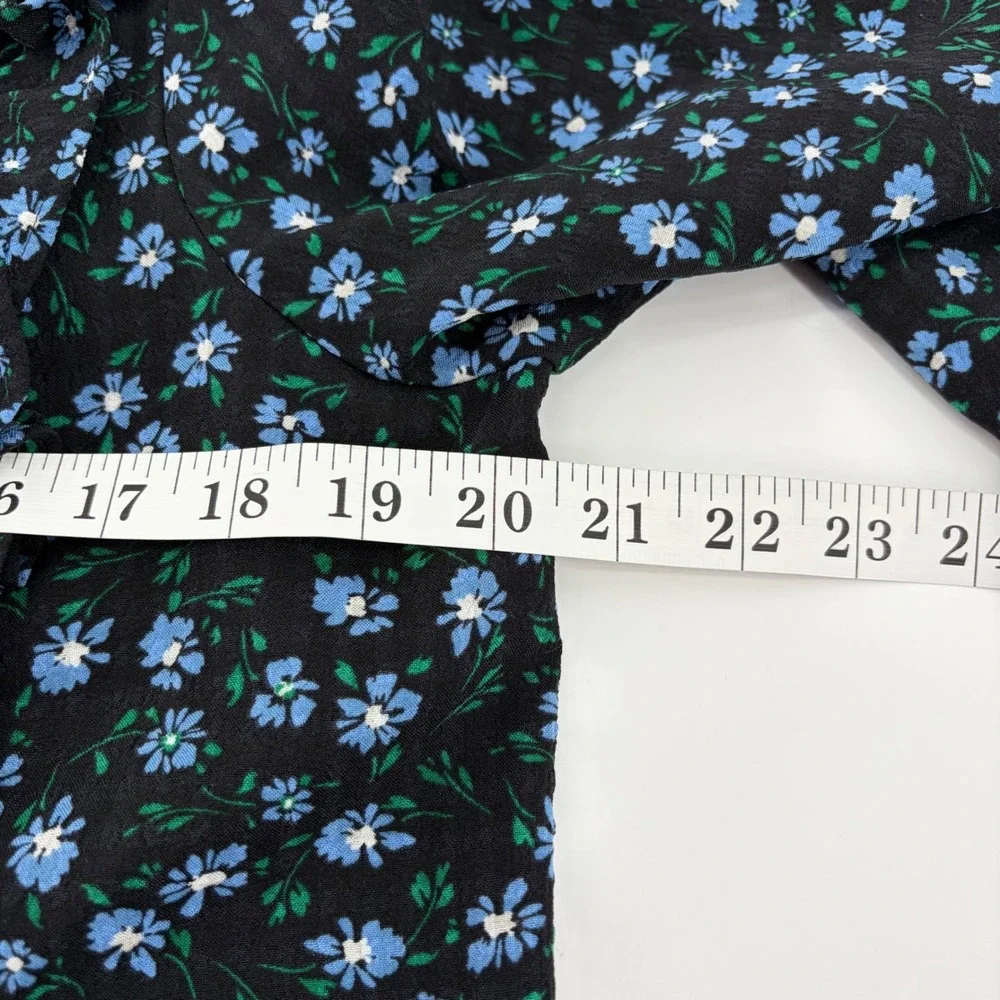 Loft Blouse Black Blue Floral Women M Petite Ruffle V-Neck Long Sleeve Tie Front